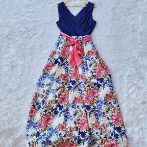 Leslie Fay Floral Blue Sleeveless V-neck Maxi Dress‎